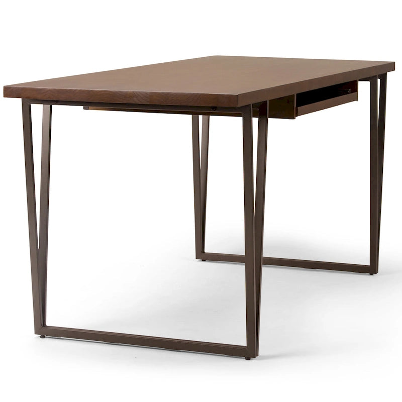 Bureau industriel en bois massif marron vieilli avec pieds métalliques en V et tablette coulissante pour clavier – Unité simple