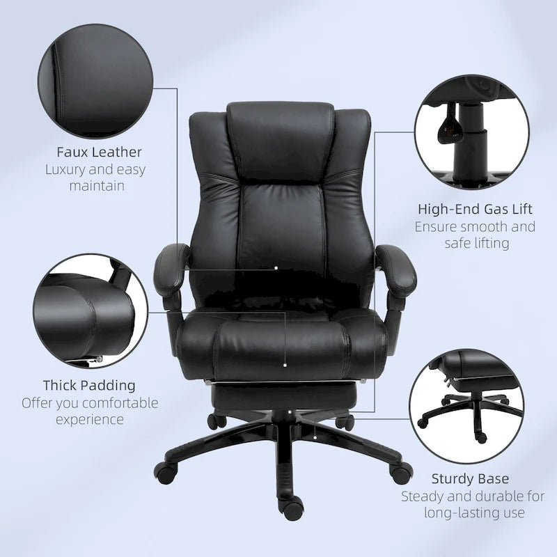 Chaise de bureau haute à dossier inclinable en similicuir noir avec repose-pieds escamotable – Individuel