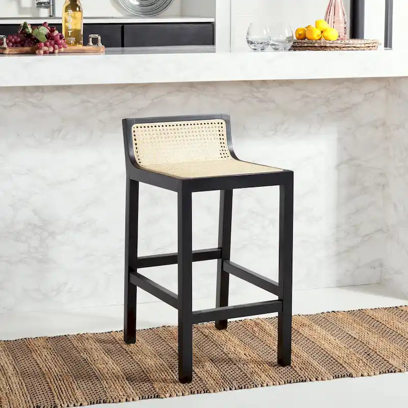 Tabouret de comptoir en rotin avec assise en canne blanche/naturelle / noire / naturelle / noire-naturelle, structure en bois de hêtre et dossier bas – Unité individuelle