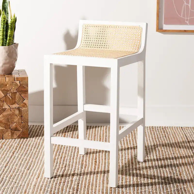 Tabouret de comptoir en rotin avec assise en canne blanche/naturelle / noire / naturelle / noire-naturelle, structure en bois de hêtre et dossier bas – Unité individuelle