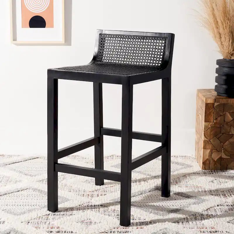 Tabouret de comptoir en rotin avec assise en canne blanche/naturelle / noire / naturelle / noire-naturelle, structure en bois de hêtre et dossier bas – Unité individuelle