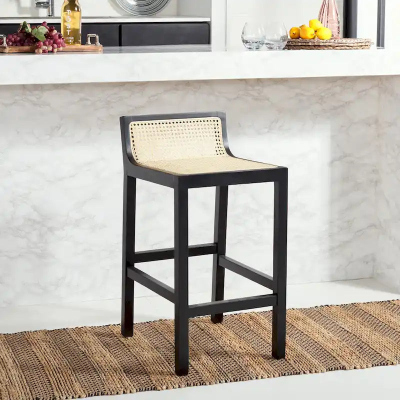Tabouret de comptoir en rotin avec assise en canne blanche/naturelle / noire / naturelle / noire-naturelle, structure en bois de hêtre et dossier bas – Unité individuelle