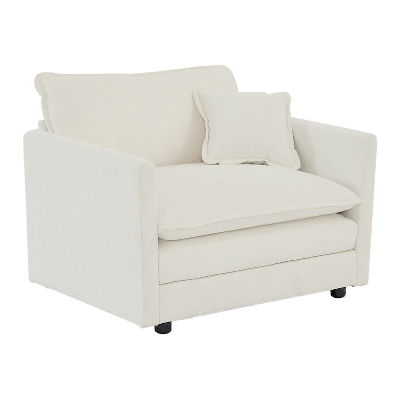 Fauteuil d'appoint profond en chenille blanche avec structure en bois massif et coussin décoratif – Une place