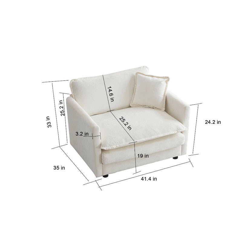 Fauteuil d'appoint profond en chenille blanche avec structure en bois massif et coussin décoratif – Une place