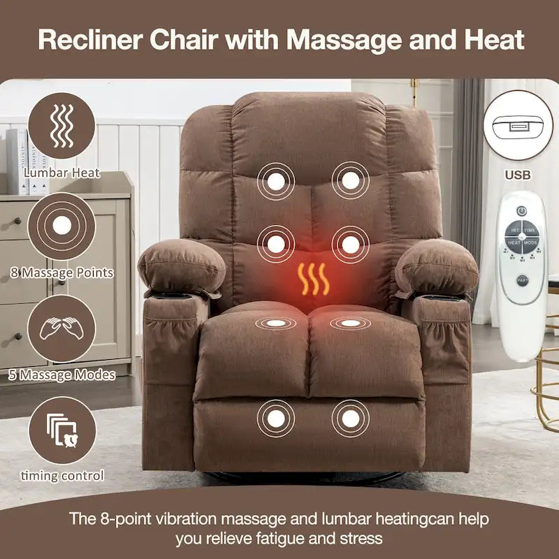 Fauteuil inclinable à bascule surdimensionné en tissu avec massage vibrant 8 points, chauffage lombaire, port USB et 2 porte-gobelets – Siège individuel