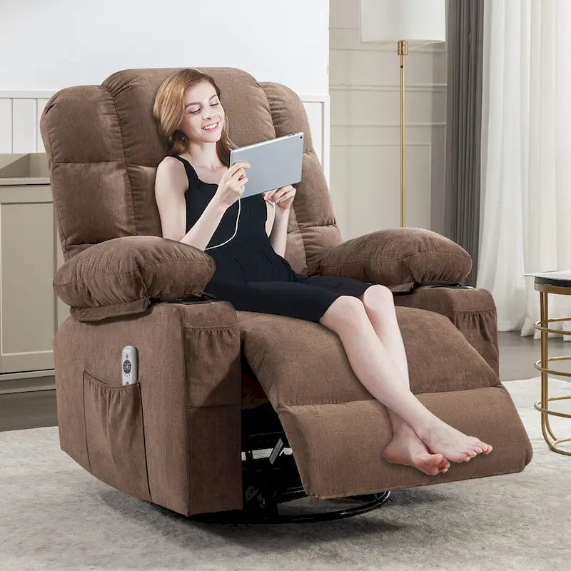 Fauteuil inclinable à bascule surdimensionné en tissu avec massage vibrant 8 points, chauffage lombaire, port USB et 2 porte-gobelets – Siège individuel