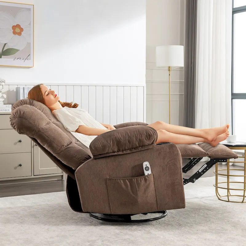 Fauteuil inclinable à bascule surdimensionné en tissu avec massage vibrant 8 points, chauffage lombaire, port USB et 2 porte-gobelets – Siège individuel