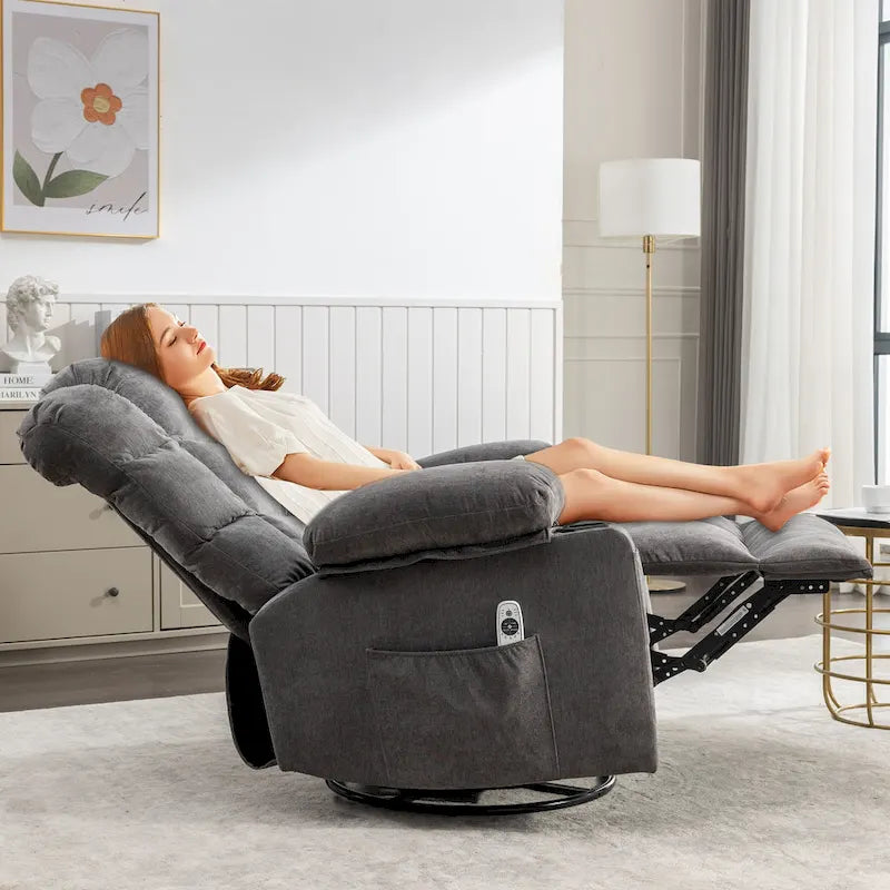 Fauteuil inclinable à bascule surdimensionné en tissu avec massage vibrant 8 points, chauffage lombaire, port USB et 2 porte-gobelets – Siège individuel