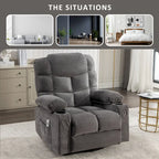 Fauteuil inclinable à bascule surdimensionné en tissu avec massage vibrant 8 points, chauffage lombaire, port USB et 2 porte-gobelets – Siège individuel