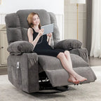 Fauteuil inclinable à bascule surdimensionné en tissu avec massage vibrant 8 points, chauffage lombaire, port USB et 2 porte-gobelets – Siège individuel