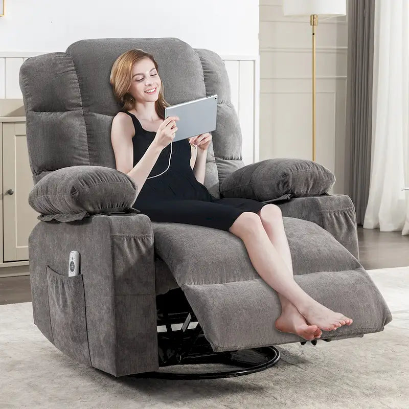 Fauteuil inclinable à bascule surdimensionné en tissu avec massage vibrant 8 points, chauffage lombaire, port USB et 2 porte-gobelets – Siège individuel