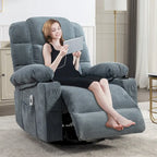 Fauteuil inclinable à bascule surdimensionné en tissu avec massage vibrant 8 points, chauffage lombaire, port USB et 2 porte-gobelets – Siège individuel