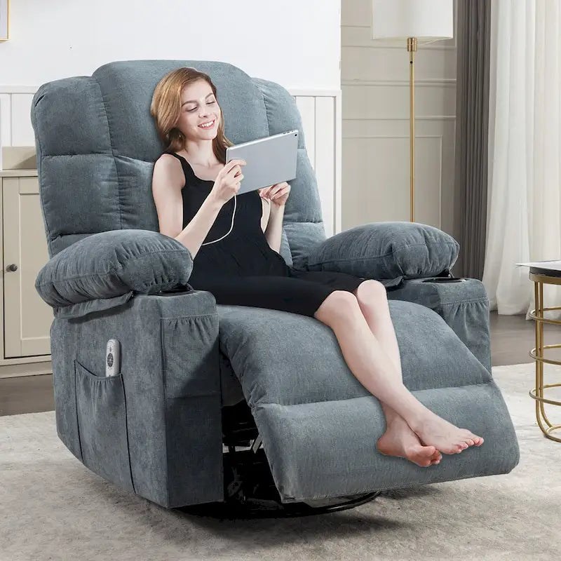 Fauteuil inclinable à bascule surdimensionné en tissu avec massage vibrant 8 points, chauffage lombaire, port USB et 2 porte-gobelets – Siège individuel