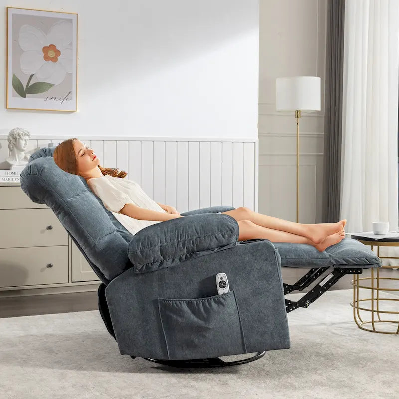 Fauteuil inclinable à bascule surdimensionné en tissu avec massage vibrant 8 points, chauffage lombaire, port USB et 2 porte-gobelets – Siège individuel