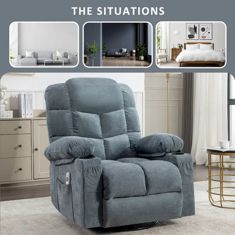 Fauteuil inclinable à bascule surdimensionné en tissu avec massage vibrant 8 points, chauffage lombaire, port USB et 2 porte-gobelets – Siège individuel