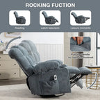 Fauteuil inclinable à bascule surdimensionné en tissu avec massage vibrant 8 points, chauffage lombaire, port USB et 2 porte-gobelets – Siège individuel