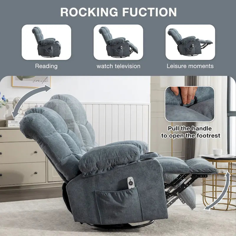 Fauteuil inclinable à bascule surdimensionné en tissu avec massage vibrant 8 points, chauffage lombaire, port USB et 2 porte-gobelets – Siège individuel
