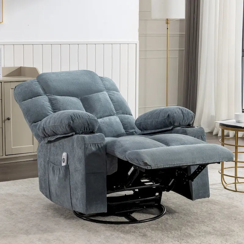 Fauteuil inclinable à bascule surdimensionné en tissu avec massage vibrant 8 points, chauffage lombaire, port USB et 2 porte-gobelets – Siège individuel