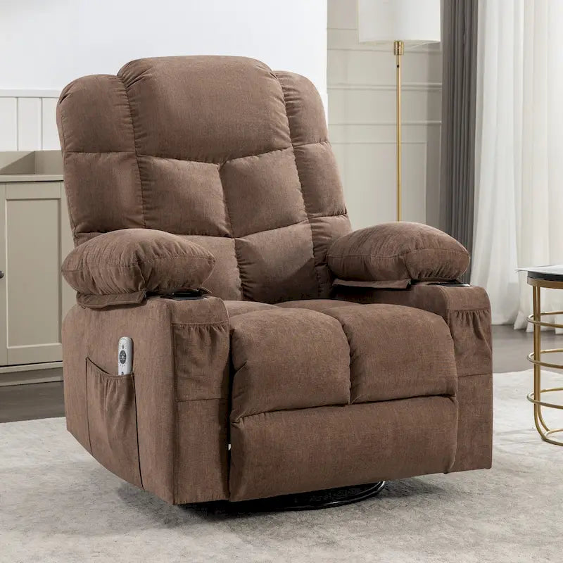 Fauteuil inclinable à bascule surdimensionné en tissu avec massage vibrant 8 points, chauffage lombaire, port USB et 2 porte-gobelets – Siège individuel
