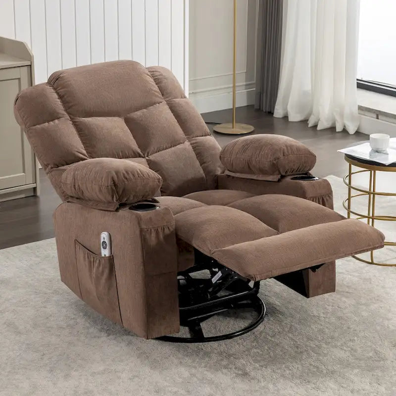 Fauteuil inclinable à bascule surdimensionné en tissu avec massage vibrant 8 points, chauffage lombaire, port USB et 2 porte-gobelets – Siège individuel