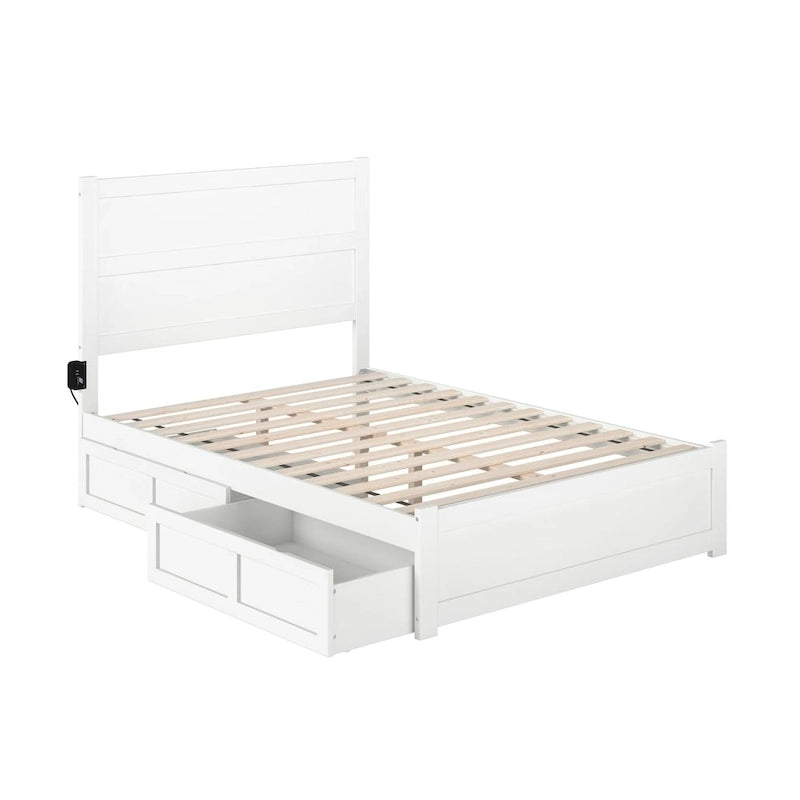 Lit plateforme double avec pied de lit, 2 tiroirs sous le lit et station de recharge, en bois massif blanc, style Mid-Century Modern – Pour 1 à 2 personnes