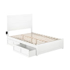 Lit plateforme double avec pied de lit, 2 tiroirs sous le lit et station de recharge, en bois massif blanc, style Mid-Century Modern – Pour 1 à 2 personnes