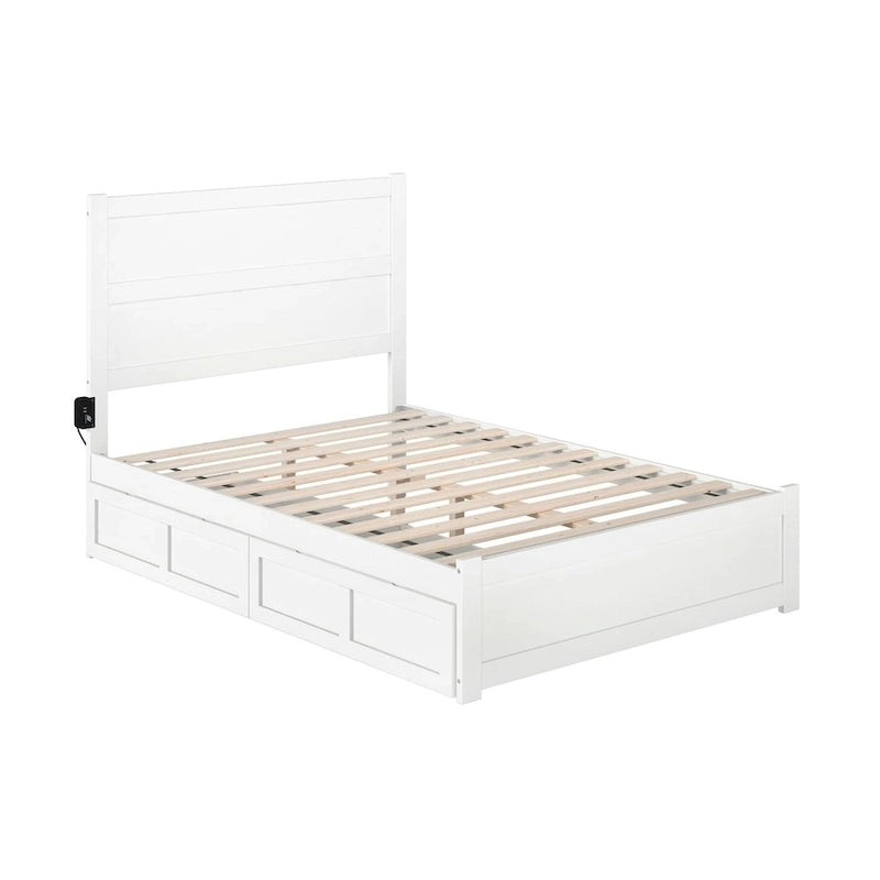 Lit plateforme double avec pied de lit, 2 tiroirs sous le lit et station de recharge, en bois massif blanc, style Mid-Century Modern – Pour 1 à 2 personnes