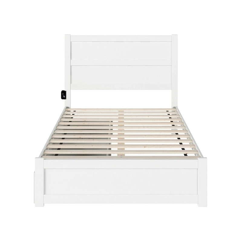 Lit plateforme double avec pied de lit, 2 tiroirs sous le lit et station de recharge, en bois massif blanc, style Mid-Century Modern – Pour 1 à 2 personnes