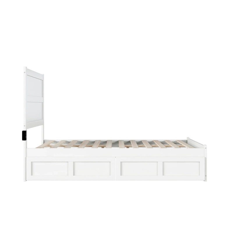 Lit plateforme double avec pied de lit, 2 tiroirs sous le lit et station de recharge, en bois massif blanc, style Mid-Century Modern – Pour 1 à 2 personnes