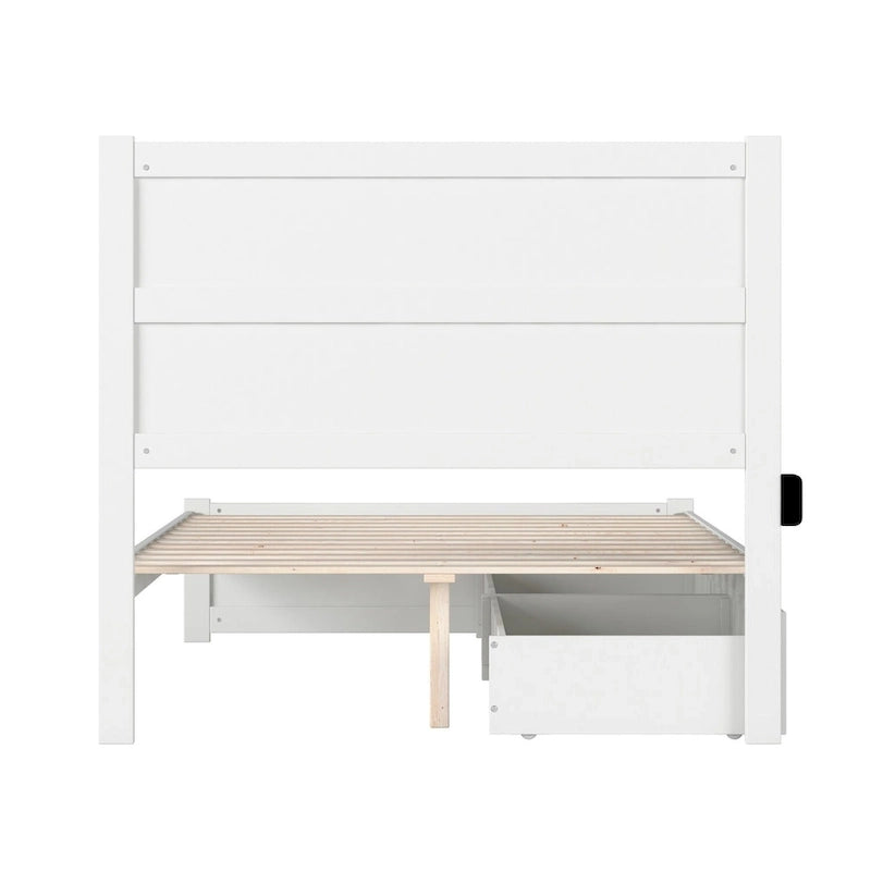 Lit plateforme double avec pied de lit, 2 tiroirs sous le lit et station de recharge, en bois massif blanc, style Mid-Century Modern – Pour 1 à 2 personnes
