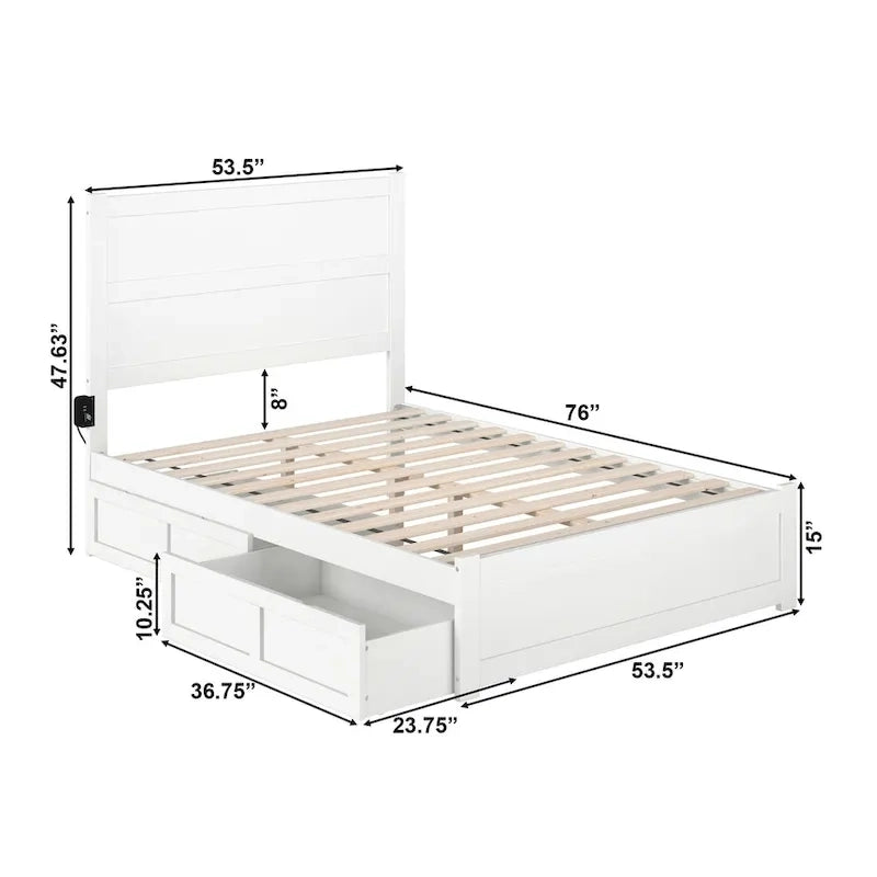Lit plateforme double avec pied de lit, 2 tiroirs sous le lit et station de recharge, en bois massif blanc, style Mid-Century Modern – Pour 1 à 2 personnes