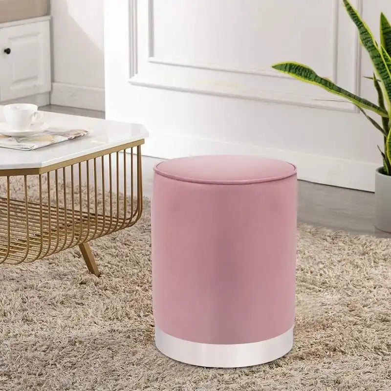 Pouffe repose-pieds rond en velours rose / bleu / gris avec bordure argentée – Une seule unité