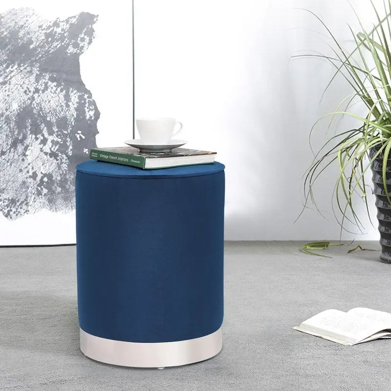 Pouffe repose-pieds rond en velours rose / bleu / gris avec bordure argentée – Une seule unité
