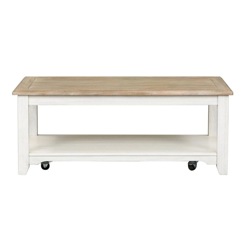 Table basse rectangulaire en bois d'hévéa et bouleau, avec roulettes, étagère inférieure et pieds fuselés – Finition blanc délavé et gris – Unité simple