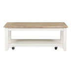 Table basse rectangulaire en bois d'hévéa et bouleau, avec roulettes, étagère inférieure et pieds fuselés – Finition blanc délavé et gris – Unité simple