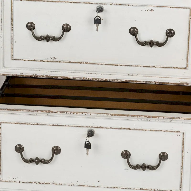 Classeur latéral en caoutchouc blanc antique et placage de chêne avec 2 tiroirs à extension complète verrouillables et coins biseautés – Unité simple