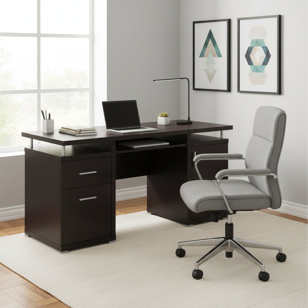 Luxurious Computer Desk with 2 Drawers and Cabinet, Brown