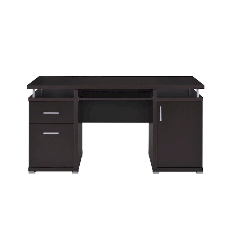 Bureau informatique contemporain marron avec 2 tiroirs, meuble avec 2 étagères et tablette coulissante – Unité simple