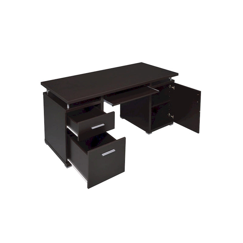 Bureau informatique contemporain marron avec 2 tiroirs, meuble avec 2 étagères et tablette coulissante – Unité simple