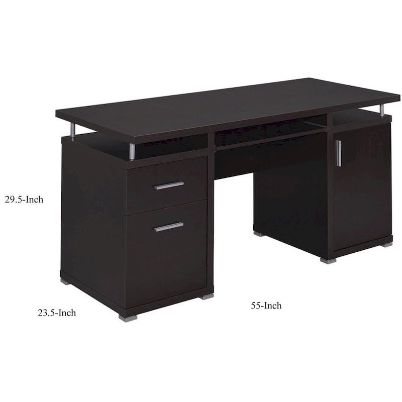 Bureau informatique contemporain marron avec 2 tiroirs, meuble avec 2 étagères et tablette coulissante – Unité simple
