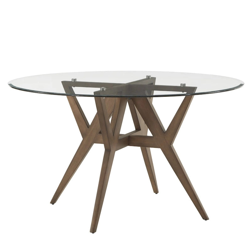 Table à manger ronde Mid-Century en verre transparent / verre fumé / finition noyer avec base en hévéa de noyer – 4 places