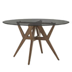 Table à manger ronde Mid-Century en verre transparent / verre fumé / finition noyer avec base en hévéa de noyer – 4 places