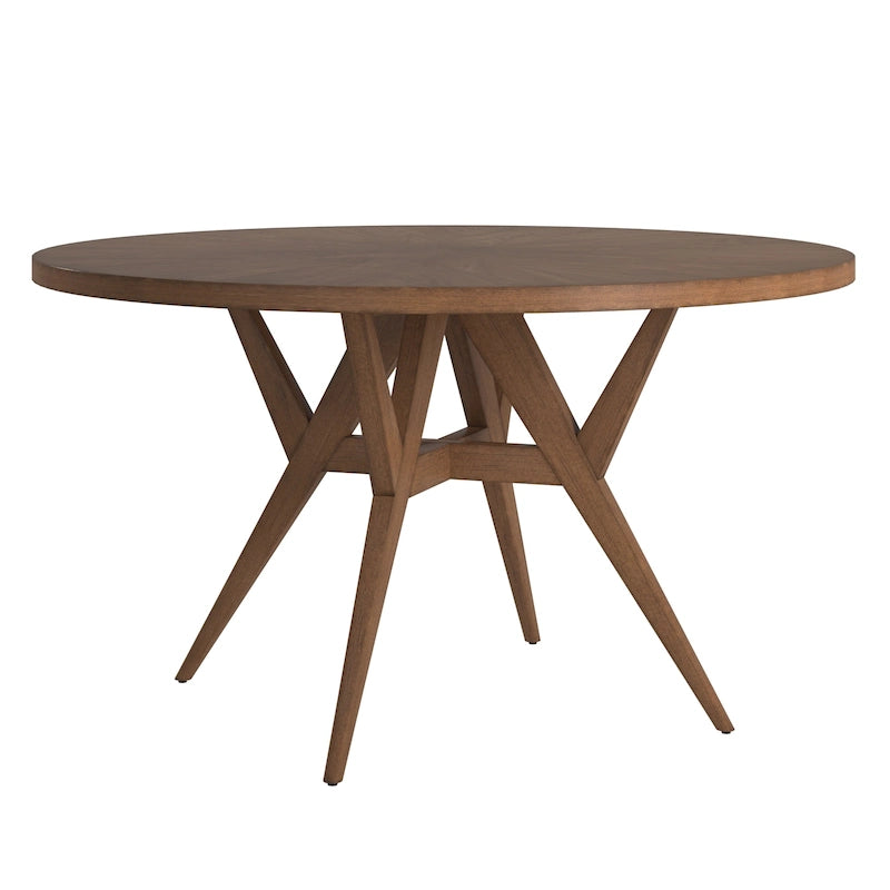 Table à manger ronde Mid-Century en verre transparent / verre fumé / finition noyer avec base en hévéa de noyer – 4 places