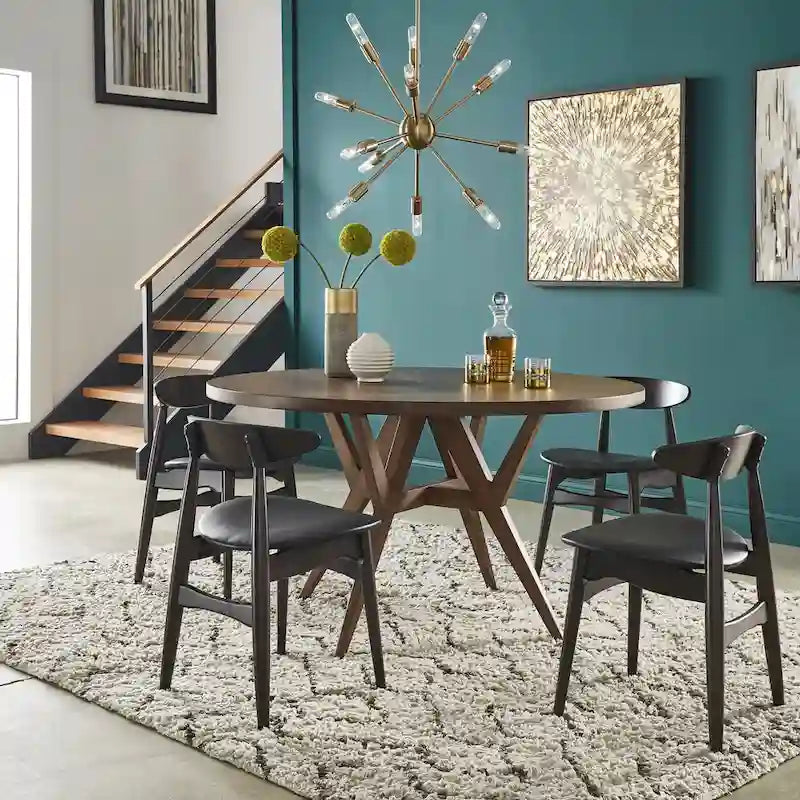 Table à manger ronde Mid-Century en verre transparent / verre fumé / finition noyer avec base en hévéa de noyer – 4 places