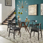 Table à manger ronde Mid-Century en verre transparent / verre fumé / finition noyer avec base en hévéa de noyer – 4 places