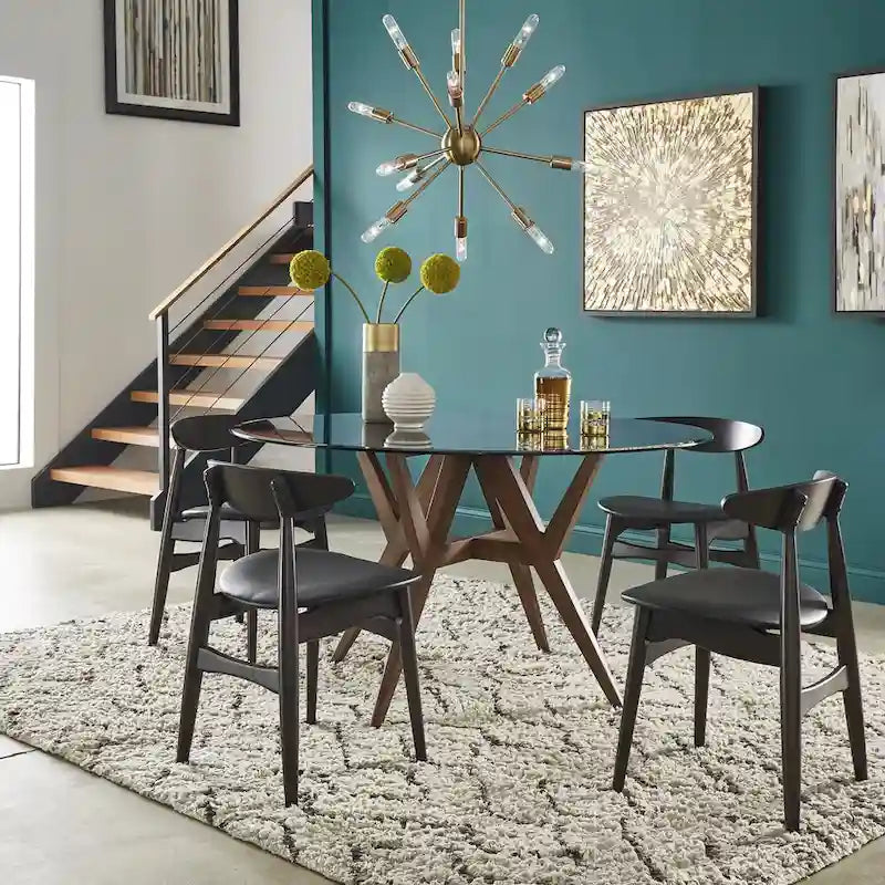 Table à manger ronde Mid-Century en verre transparent / verre fumé / finition noyer avec base en hévéa de noyer – 4 places