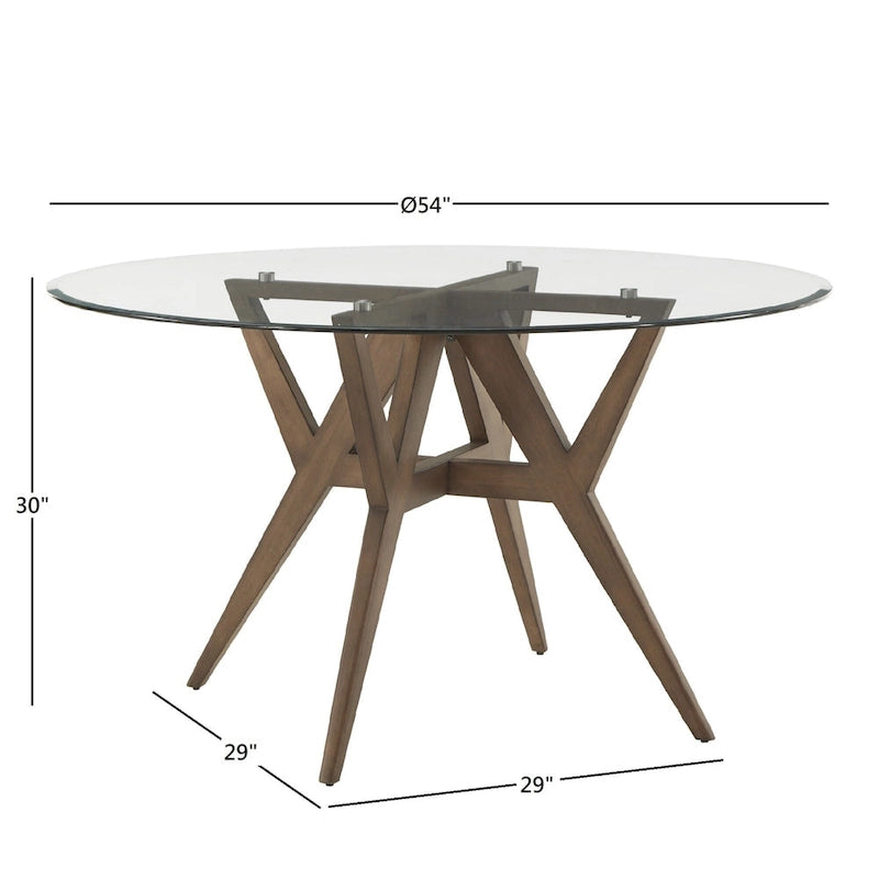 Table à manger ronde Mid-Century en verre transparent / verre fumé / finition noyer avec base en hévéa de noyer – 4 places