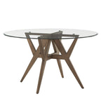 Table à manger ronde Mid-Century en verre transparent / verre fumé / finition noyer avec base en hévéa de noyer – 4 places