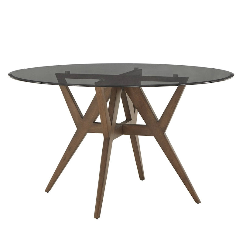 Table à manger ronde Mid-Century en verre transparent / verre fumé / finition noyer avec base en hévéa de noyer – 4 places