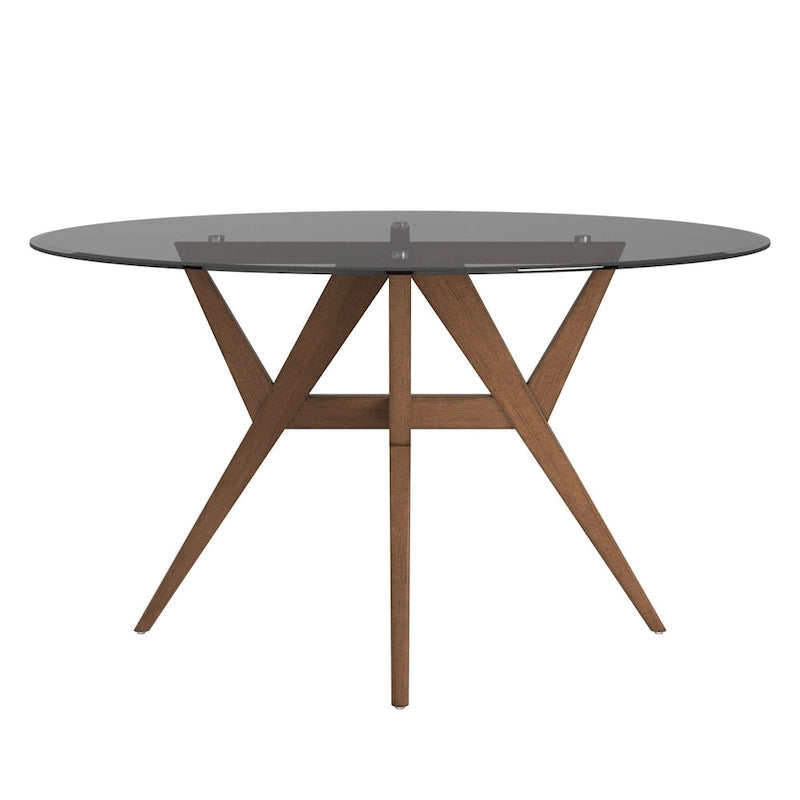 Table à manger ronde Mid-Century en verre transparent / verre fumé / finition noyer avec base en hévéa de noyer – 4 places